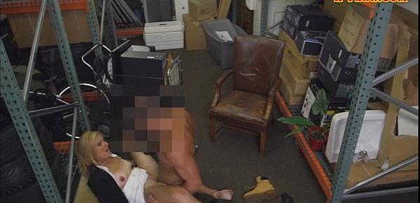  Hot blonde milf fucked with pervert pawn man in storage room